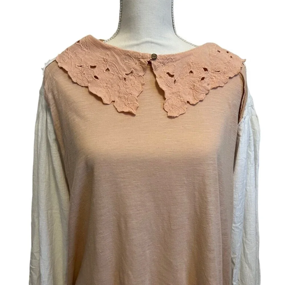 Free People Contrast Sleeve Lace Collar Tunic Top Pink White Cotton Blend Size M